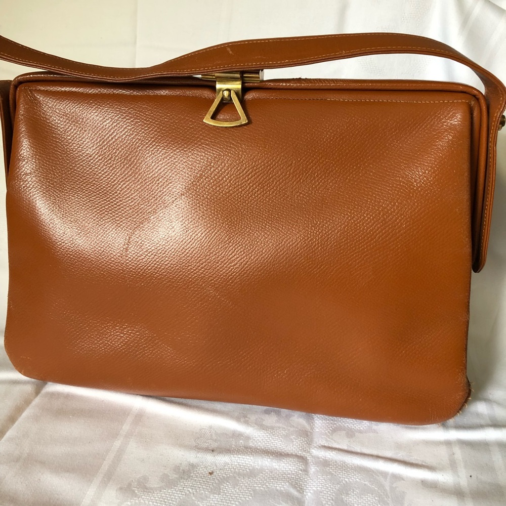 LESCO England Saddle Brown Leather Handbag, Gold